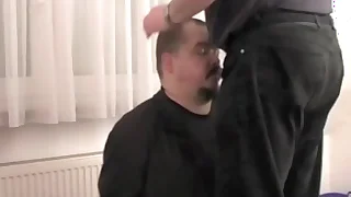 Blowjob and cum facial, fully clothed and handcuffed